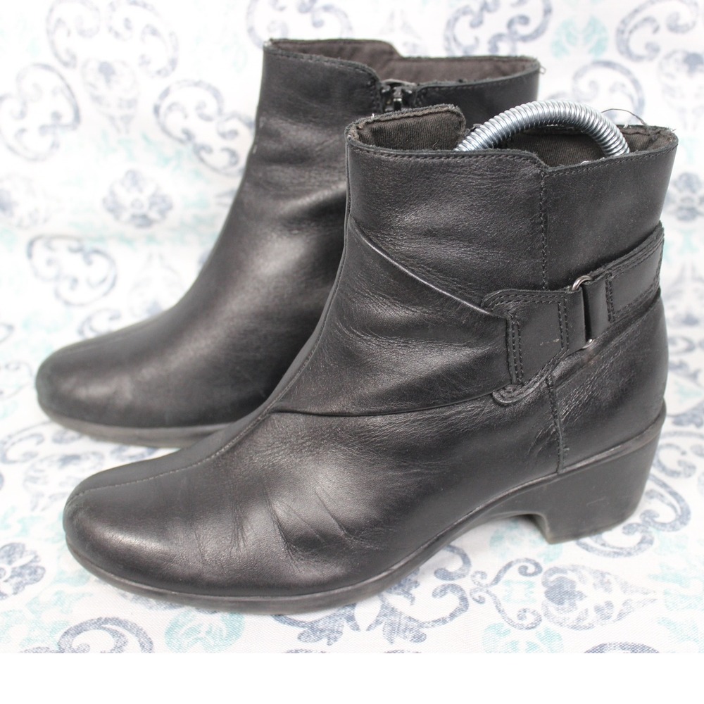 Clarks Womens Black Leather Side Zip Ankle Boots Block Heel Size 7‎